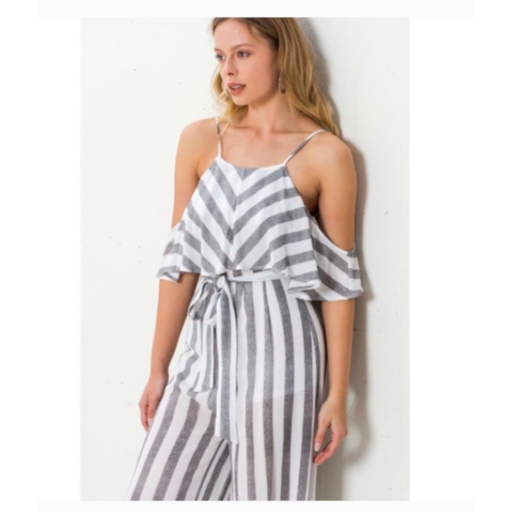 A. Calin by Flying Tomato Striped Cold Shoulder w/Belt Jumpsuit L